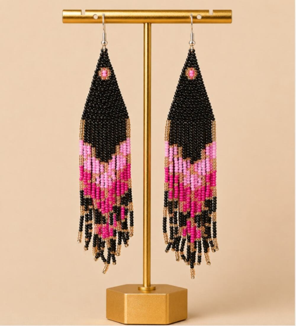 Hand Beaded Long Tassel Earrings Black and Pink Colors